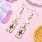 Rectangle with Cross Glass Seed Beads Dangle Earrings, with Brass Link Connectors and 304 Stainless Steel Earring Hooks, Red, 76x13.5mm