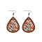 Wood Dangle Earrings, Red Copper, Teardrop with Pattern, Red Copper, Light Coral, 80x36mm