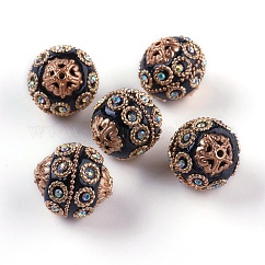 Perline  indonesia fatto a mano, con accessori metallico, placcato oro chiaro, tondo, nero, 20~21x19~20mm, Foro: 1.5 mm