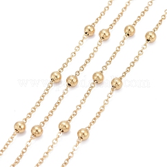 Catene portacavi in acciaio inossidabile placcate ionica (ip) 304, con perle in acciaio inossidabile 304, saldato, con la bobina, oro, link: 1.5x1.2x0.2 mm, perline: 3 mm, circa 32.8 piedi (10 m)/rotolo