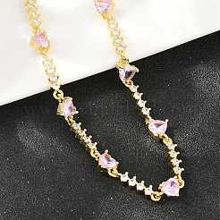 Collane a catena con maglie a cuore in ottone e pavé di zirconi rosa&nbsp;KK-CBA4547-16A-G
