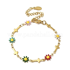 Bracciale con catena a maglie incrociate e fiore smaltato con placcatura ionica (ip)&nbsp;BJEW-C023-01G-01