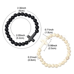 2 Stück 2 farbig gefärbte synthetische türkisfarbene Stretch-Armbänder mit Kreuzperlen&nbsp;BJEW-YW00002-01