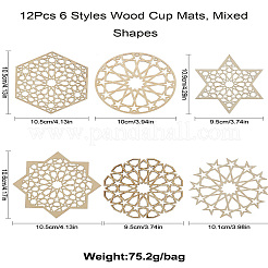 12 pièces 6 styles de tapis de tasse en bois&nbsp;AJEW-CJ0001-37