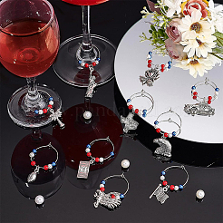 20 stücke 10 arten nationalflagge & dollar bills & adler & rose legierung baumeln wein glas charme mit glas perle&nbsp;AJEW-BC0003-15