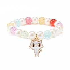 Bonbonfarbenes rundes elastisches Perlenarmband mit Emaille-Anhänger für Kinder&nbsp;BJEW-JB07637