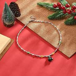 Collier pendentif lampwork arbre de noël avec des chaînes de fleurs de graines de verre pour les femmes&nbsp;NJEW-TA00070