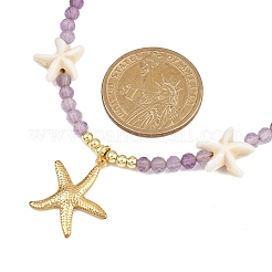 Collane con ciondolo a forma di stella marina in acciaio inossidabile 304 con perline rotonde sfaccettate in turchese sintetico e ametista naturale per donna&nbsp;NJEW-JN05459