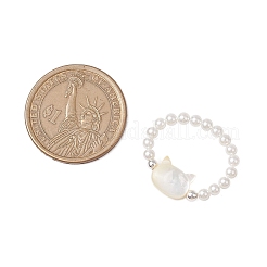 Katzenförmige natürliche weiße Muschelperlen Stretch-Fingerringe&nbsp;RJEW-TA00175