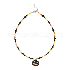 Halloween-Halsketten mit schwarzem Emaille-Kürbisschädel und Katzenform&nbsp;NJEW-JN05579