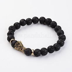 Braccialetti elastici in pietra lavica naturale con perline in lega di forme miste in stile tibetano&nbsp;BJEW-K075-AG
