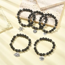 Bracciale elasticizzato con perline di roccia lavica naturale e ciondoli in lega&nbsp;BJEW-JB09477