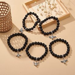 Bracelet extensible perlé rond en pierre de lave naturelle avec breloque fée en alliage&nbsp;BJEW-JB08884