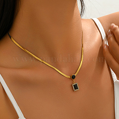 Collane vintage in acciaio inossidabile con ciondolo rettangolare in onice nero naturale (tinto e riscaldato) e catena a serpente piatta per donna&nbsp;DM4995