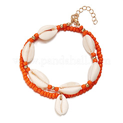 Cavigliere elasticizzate a doppio strato con ciondolo in conchiglia di ciprea naturale in stile bohémien e perline di semi di vetro per donna&nbsp;FS-WGC801A-03