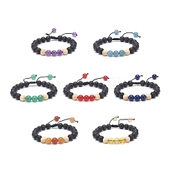 7 Uds. Juego de 7 pulseras de cuentas trenzadas de piedras preciosas naturales y cuentas de madera y roca de lava natural&nbsp;BJEW-JB08836