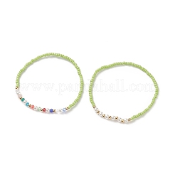 2pcs 2 style graine de verre et imitation perle et bracelets extensibles perlés en laiton pour femme&nbsp;BJEW-JB09033
