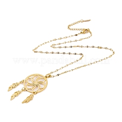 Colliers pendentifs bohèmes en acier inoxydable 201 avec filet tissé et plumes pour femmes&nbsp;NJEW-G087-03G
