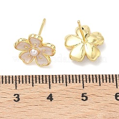 Orecchini a bottone con perle in ottone e plastica ABS a forma di fiore&nbsp;EJEW-P336-07G