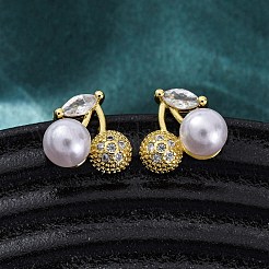 Orecchini a bottone in ottone ciliegia con micro pavé di zirconi cubici&nbsp;EJEW-H158-08B-G