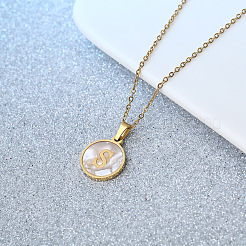 Colliers à pendentif initial en coquillage blanc naturel rond et plat en acier inoxydable pour femmes&nbsp;FS-WG6FA45-19