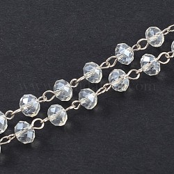 Chaînes de perles en rondelles en verre manuelles pour fabrication de colliers et bracelets, avec épingle à oeil en fer, non soudée, platine, clair, 39.3 pouce, Environ 88 pcs/chapelet