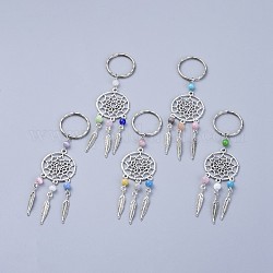 Keychain, with Cat Eye Beads, Alloy Findings and Iron Findings, Woven Net/Web with Feather, Antique Silver, 98mm, Pendant: 71.5x28mm
