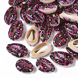 Bedruckte natürliche Kaurimuschel Perlen, kein Loch / ungekratzt, mit Leoparddruckmuster, Medium violett rot, 18~21x12~15x7 mm