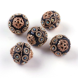 Perles Indonésiennes manuelles, avec les accessoires en métal, Placage de couleur or pâle, ronde, noir, 20~21x19~20mm, Trou: 1.5mm