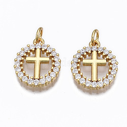 Brass Micro Pave Clear Cubic Zirconia Pendants, with Jump Rings, Nickel Free, Ring with Cross, Real 16K Gold Plated, 16x13x3mm, Hole: 3mm