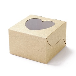 Boîte en carton, avec des fenêtres visuelles en forme de cœur d'animal de compagnie, Sqaure, burlywood, produit fini : 10.1x10.1x6.5cm ; déplier : 36x23x0.05cm