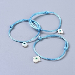 Adjustable Nylon Cord Bracelet Sets, with Freshwater Shell Beads, Hamsa Hand & Evil Eye & Cross, Sky Blue, 1-3/4 inch~3-3/8 inch(4.5~8.5cm), 3pcs/set