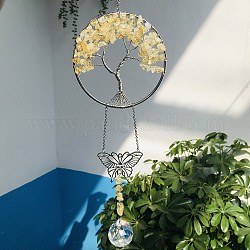 Decorazione pendente a goccia in vetro, acchiappasole appesi, con scaglie di citrino naturale albero della vita, per la decorazione del giardino di casa finestra, farfalla, 370mm