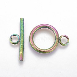 Ionenbeschichtung (IP) 304 Edelstahl-Knebelverschlüsse, für diy Schmuck machen, strukturiert, Ring, Regenbogen-Farb, Bar: 7x20x2 mm, Bohrung: 3 mm, Ring: 19x14x2 mm, Bohrung: 3 mm