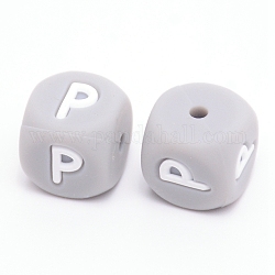 Perlas de silicona, cubo con letter.p, gris, 12x12x12mm, agujero: 2 mm