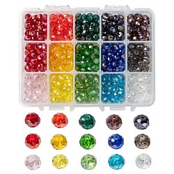 Perles de verre galvanisées 15 couleurs, de couleur plaquée ab , facette, rondelle, couleur mixte, 8x6mm, Trou: 1mm, 15 couleurs, 30 pcs / couleur, 450 pcs / boîte