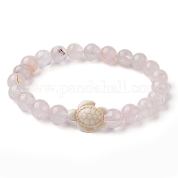 Bracelet extensible en perles de tortue turquoise synthétique rondes en quartz rose naturel pour femmes, diamètre intérieur: 2-1/8 pouce (5.5 cm)