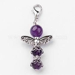 Natural Round Amethyst Pendant Decorations, with Zinc Alloy Findings and Lobster Claw Clasps, Indigo, 50mm