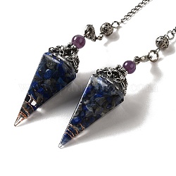 Natural Lapis Lazuli Dowsing Pendulum Big Pendants, with Resin, Amethyst & Quartz Crystal, Hexagonal Cone, 300mm, Hole: 1.5mm