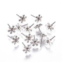 Composants de clou d'oreille en 304 acier inoxydable, pour strass en rivoli, fleur, couleur inoxydable, convient pour strass de 2.5 mm, 8mm, pin: 0.8 mm