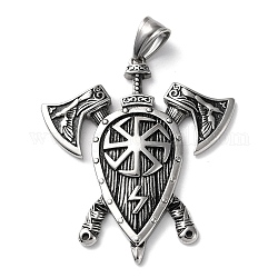 Ion Plating(IP) 304 Stainless Steel Big Pendants, Shield with Double Ax Charm, Antique Silver, 50x43.5x4.8mm, Hole: 4.8x7.8mm
