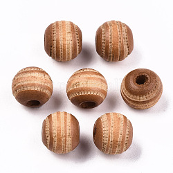 Perle di legno naturale verniciate, motivo inciso al laser, tondo con zebrato, sella marrone, 10x8.5mm, Foro: 2.5 mm