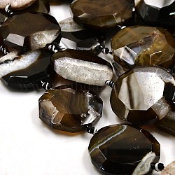 Natural Agate and Crytal Flat Round Bead Strands, Faceted, Dyed, Coffee, 33~52x8~16mm, Hole: 2mm, about 8~9pcs/strand, 17.32inch