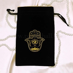 Pochettes d'emballage de bijoux en velours rectangle, sacs à cordon avec imprimé main de Hamsa, noir, 23x17 cm