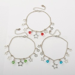 Tibetan Style Alloy Star Charm Anklets, Iron Cable Chains with Glass Beads, Alloy Lobster Claw Clasps and Brass Twist Tail Chains, Mixed Color, 225mm