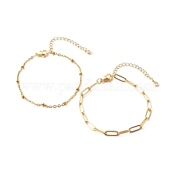 304 Stainless Steel Paperclip & Satellite Chains Bracelet Set, Golden, 7-1/2 inch(19cm), 2pcs/set