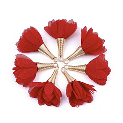 Iron Pendants, with Chiffon, Flower, Golden, Red, 30~35x20~30mm, Hole: 1~4mm