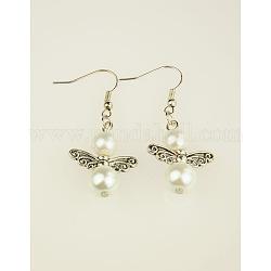 Trendy Glass Pearl Fairy Wing Dangle Earrings, with Tibetan Style Beads, Brass Earring Hooks, White, 45mm