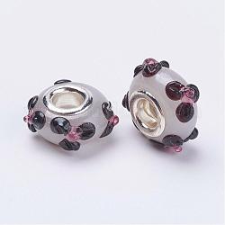 Handmade Lampwork Large Hole Flower European Beads for Biagi Charm Bracelets, with Silver Color Brass Core, Rondelle, White, about 15mm in diameter, 10mm thick, hole: 5mm