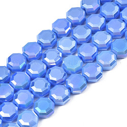 Chapelets de perles en verre opaque de couleur unie, de couleur plaquée ab , demi-plaqué, facette, octogone, bleu royal, 7~8x7~8x4mm, Trou: 1.2mm, Environ 72 pcs/chapelet, 20.47 pouce (52 cm)